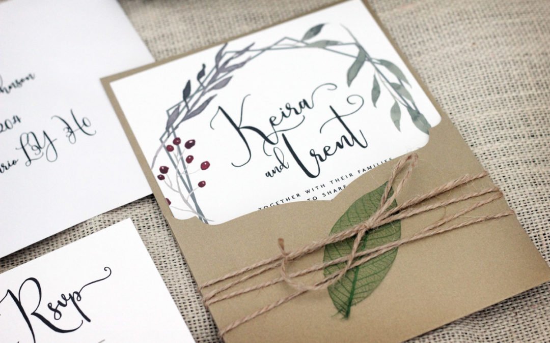 Fall Wedding Invitation with Specialty Cut Pocket and Watercolour Foliage